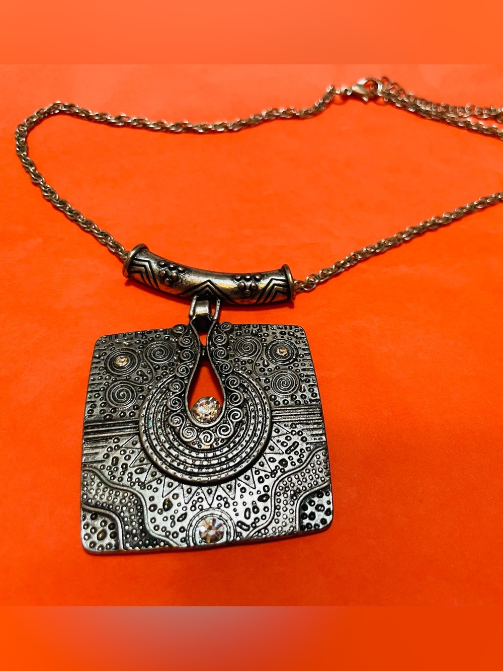 Silver-Tone Southwestern Styled Ornate Square Pendant Necklace -
